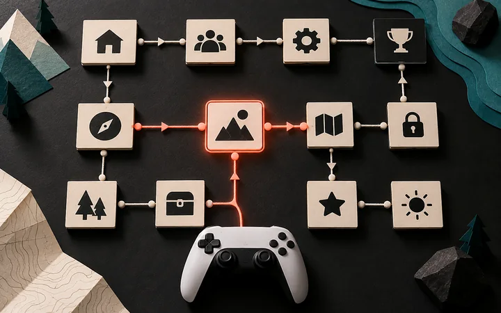 Game UI layouts on desktop, tablet, and laptop displays beside generic input devices