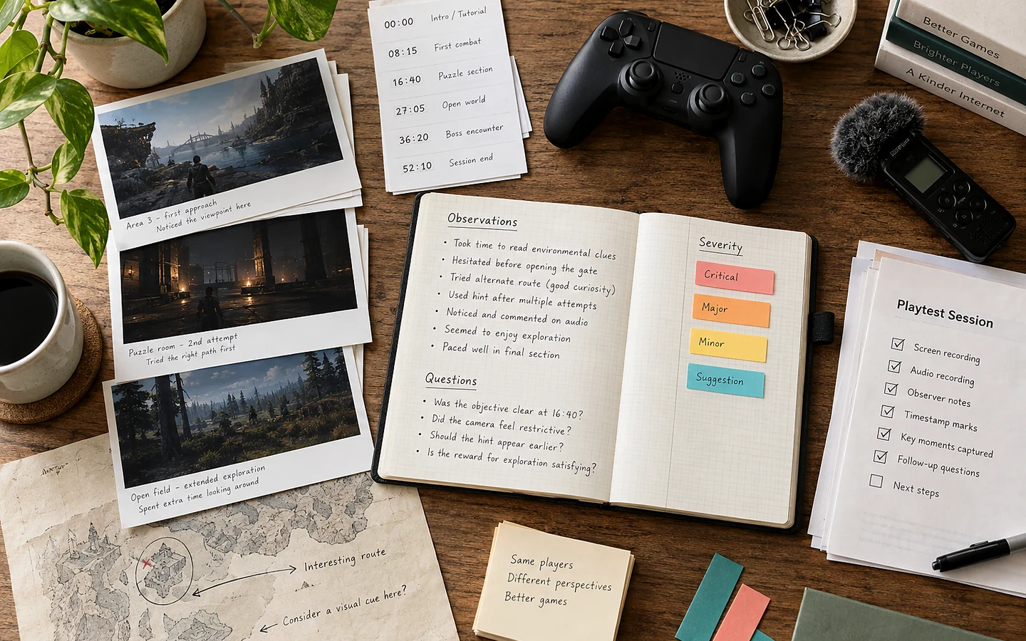 Structured tabletop playtest with notes and feedback patterns