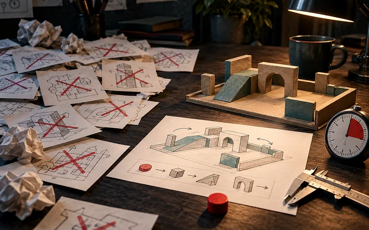 Paper level sketches, blockout pieces, and a laptop showing a simple platform-game prototype